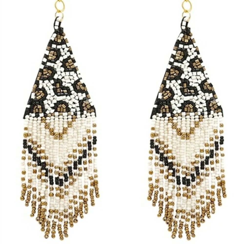VINTAGE LEOPARD PATTERN TRIANGLE BEADS DROP WOMEN ANIMAL PRINT EARRINGS IVORY